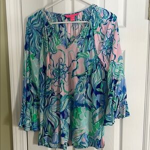 Lilly Pulitzer Floral V-Neck Blouse - Blue and Pink